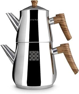 Serenk Traditional Turkish Tea Pot, 18/10 Stainless Steel, Rapid Boil Stove Top Tea Kettle, 2 Lids, Extra Strong Forged Thermo-Capsule Bottom, Mirror Polished Design, 3 Qt
