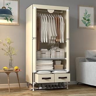 Bedroom Canvas Wardrobe with 2 Drawers, Portable Closet with Hanging Rail and Wardrobe Shelves, 75x45x170cm, Beige