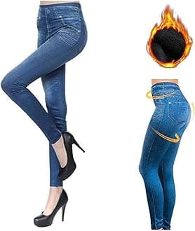 Thermal Fleece Lined Jeggings - Women's High Waist Thick Stretchy Denim Look Ripped Skinny Legging Pants
