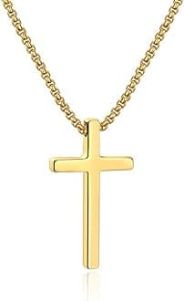 Ursteel Cross Necklaces for Men, Gold Plated Cross Chain Stainless Steel Gold Mens Cross Necklace 22 Inch Male Cross Necklace for Men Gifts