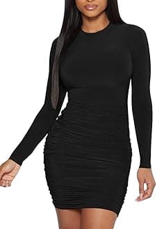 Mokoru Women's Sexy Basic Elegant Long Sleeve Ruched Bodycon Club Party Mini Dress