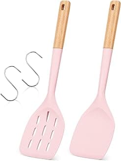 Pack of 2 Silicone Spatula, Non Stick Cooking Utensil Set Stainless Steel Handle Kitchen Turner for Baking Mixing Grilling Serving Food Heat Resistant Non Scratch Hooks Included (Pink)