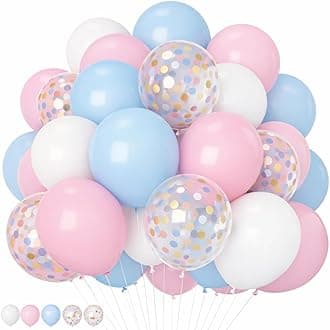 Pink and Blue Balloons 12 Inch Pastel Light Baby Blue Pink White Party Balloon with Confetti Latex Balloons for Gender Reveal Boy or Girl Princess Birthday Bridal Baby Shower Party Decorations