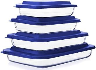 M MCIRCO 8-Piece Deep Glass Baking Dish Set with Plastic lids,Rectangular Glass Bakeware Set with Lids, Baking Pans for Lasagna, Leftovers, Cooking, Kitchen, Freezer-to-Oven and Dishwasher, Blue