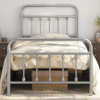 Yaheetech 3ft Single Bed Frame Vintage Iron Platform Bed with High Headboard and Footboard, Strong Metal-Framed Bed with Storage Silver