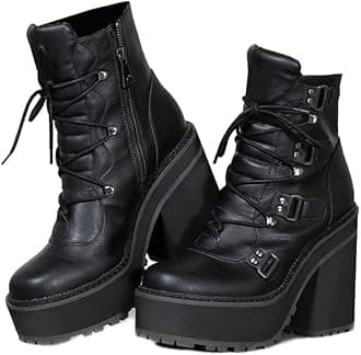 AMINUGAL Platform Boots for Women Wide Calf Punk Goth Black Boots Lace Up Wedge Boots for Women Round Toe Women's Mid-Calf Boots Moto Gothic Motorcycle Combat Boots Womens