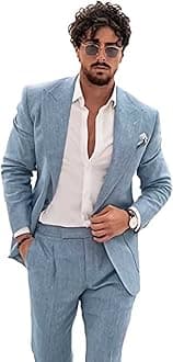 Wangyue Linen Suit for Men Casual Slim Fit Vintage Suits Groomsmen Suits Wedding Summer Beach Blazer Pants Set