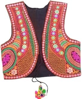 Outerwear Womens Multicolor Cotton Handmade Traditional Rajasthani Design front Embroidered Kutchi Work Jacket/Koti