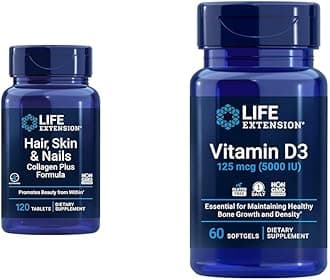 Life Extension Hair, Skin & Nails Collagen Plus Formula with Vitamin D3 5000 IU - Promotes Collagen, Keratin, Bone, Brain, Immune & Nail Health - 120 Count & 60 Softgels