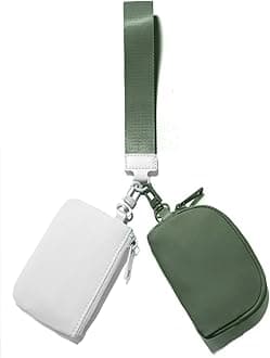 Mini Zip Around Keychain Wristlet Wallets Small Portable Dual Pouch Wristlet Detachable Coin Purse Pocket, White+bean Green, Multicolor