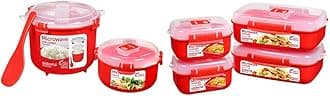 Sistema Microwave Rice Cooker and Steamer Bowl for Vegetables with Steam Release Vent, Dishwasher Safe, Red & Microwave Food Storage Containers with Steam Release Vent, Dishwasher Safe, Red