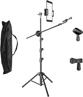 Kereal Microphone Stand Floor Boom Mic Stand with 360° Ball Head Tablet Holder, Two Mic Clips for Singing, Portable Mic stands Adjust Hight From 17” to 83” for Studio, Stage, Karaoke, DJ, Kids
