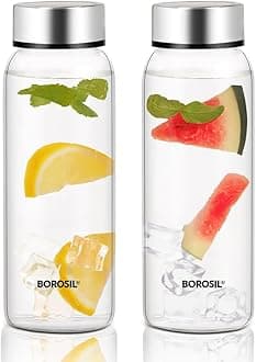 Borosil 750ml Crysto 2pc Bottle Set with Stainless Steel Lid | Borosilicate Glass Wide Mouth Bottle for Fridge | Extreme Temperature Resistant For Hot & Cold Water, Milk, Lassi, Juice | Transparent