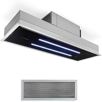 Klarstein High Line Ceiling Hood - Built-In, 77 cm, 410 m3 / h, Circulating/Exhaust Air, 3 Steps, LED, Remote Control, Activated Carbon Filter, Substructure Hood, Stainless Steel/Black Glass