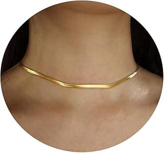 Tasiso 14K Gold Plated Choker Necklace Minimalist Flat Snake Chain Choker Dainty Tarnish Resistant Herringbone Necklace for Women 3mm 35cm