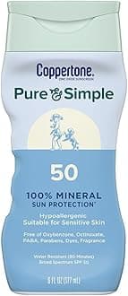 Coppertone Pure & Simple SPF 50 Sunscreen Lotion, Water Resistant, Hypoallergenic, Dermatologically Tested, Plus 100% Natural Botanicals,Ã‚ Broad Spectrum UVA/UVB Protection, 6 Fluid Ounce