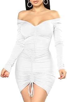 XXTAXN Women's Sexy Elegant Long Sleeve Off The Shoulder Ruched Mini Dress White