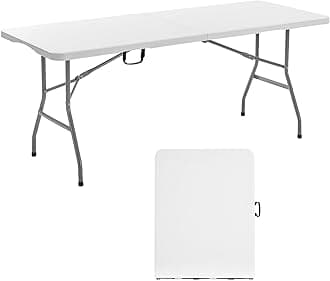 VEVOR Folding Table, Heavy Duty Portable Fold-in-Half Utility Table, Indoor Outdoor Plastic Rectangle Table with Built in Handle, for Party, Dining, Wedding, Events, Picnic, Camping, 6 ft, White