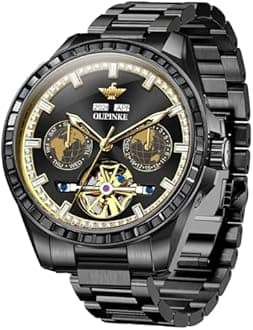 OUPINKE Watch for Men Automatic Wristwatch Diamond Sapphire Crystal Skeleton Luminous 3D Dial with 5ATM Waterproof Luxury Stainless Steel Strap