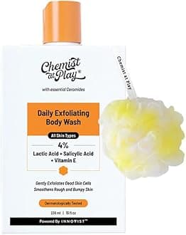 Chemist at Play Body Wash For Dry, Rough, Bumpy, Strawberry Skin With 2% Lactic Acid And Ceramides, Makes Skin Smooth And Removes Dead Skin, Suitable For Men And Women, 236Ml + Loofah Exfoliating