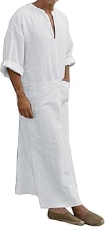 Kaftan Thobe Mens Short Sleeve V-Neck Linen Robe Big and Tall Muslim Robe Casual Loose Lightweight Long Sleeping Gown