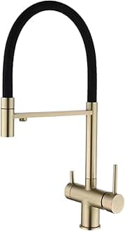 3 Way Kitchen Faucet Pull Out Swivel 2 Handles Hot and Cold Water Brass Kitchen Sink Mixer Faucet 3 Way-Brushed Gold