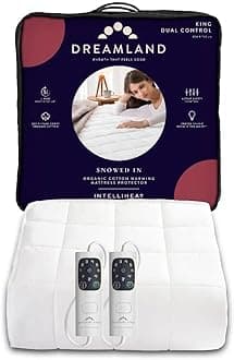 Dreamland Electric Mattress Protector King Size – Snowed In Organic Cotton, Fitted Sheet style, Fast Heat-Up, Timer with 6 Heat Settings, 2 x Detachable Controllers, Machine Washable, 200 x 150cm