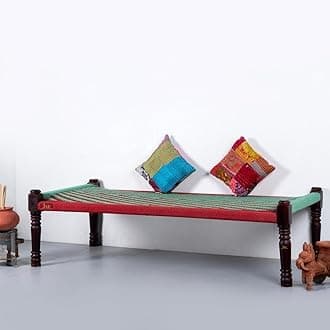 Rajasthani Wooden Khatiya Khaat | Traditional Handcrafted Wooden Charpai Bed | 6x3 Feet | Solid Wood Frame with Durable Cotton Ropes for Home, Garden, or Outdoor Use (Green and Red)