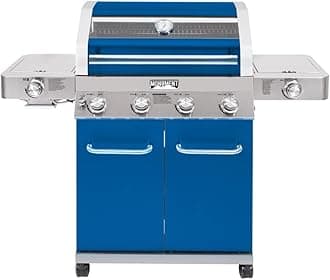 Larger 4+2 Burner Propane Gas Grills Stainless Steel Cabinet Style with Clearview® Lid, Knob Controls, Built-In Thermometer, Infrared Side Sear Burners & Side Burners, Blue