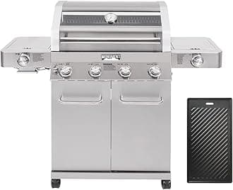 Larger 4-Burner Propane Gas Grills Stainless Steel Cabinet Style with Infrared Side Sear & Side Burners with Cooking Plate(2 Items), Outdoor Use