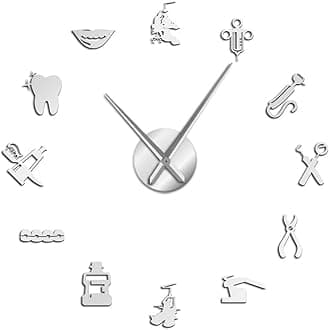 XDG Dentist DIY Giant Wall Clock Dental Doctor Large Wall Clock Big Needle Mirror Dentist Office Decor Dentist Gift Doctor Art(Silver,47in)
