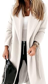 Womens Classic Coat Lapel Collar Open Front Belted Long Jacket