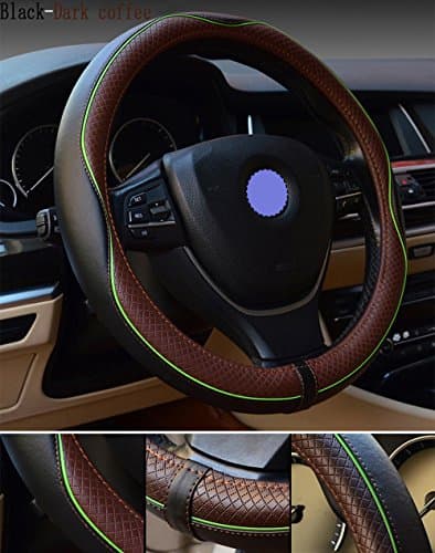 DDS Car World Universal 38cm Outer Diameter Leather Steering Wheel Cover Automotive Interior Accessories Breathable Anti-Sweat Slip Steering Wheel Wrap Cover Medium Size (Black+Dark Coffee)