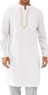 RuncatiMens Kaftan Thobe Button Down Casual Henley Shirts Long Sleeve Robe Cotton Linen Muslim Gown Shirt