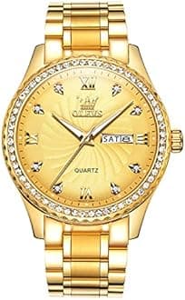 Men's Casual Stainless Steel Watch, Big Face Easy to Read Analog Quartz Watch with Day and Date, Classic Waterproof Diamond Roman Arabic Numerals Dial Dress Watch for Men, Gold Silver Black Band, Gold