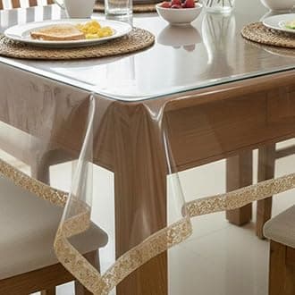 STITCHNEST PVC Transparent 6 Seater Dining Table Cover with Gold Lace, (54x78 Inches)