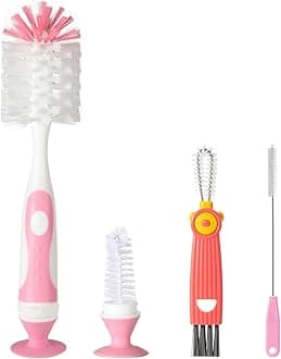 4-in-1 Baby Bottle Brush Set, Including Nylon Bottle Brush, Cap, Straw, Nipple Brushes, BPA-Free (Pink)