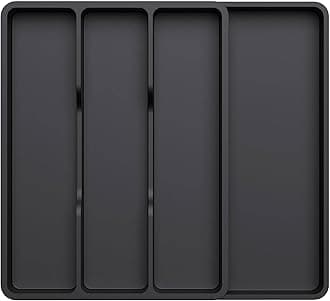 Lifewit Utensil Drawer Organizer, Expendable Cooking Silverware Tray for Kitchen Drawer, Adjustable Cutlery Flatware Holder, Plastic Spatula Tools and Gadgets Storage Divider, 4 Compartments, Black