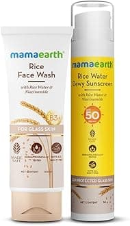Mamaearth Radiant Rice Glow Combo | Rice Face Wash 100ml & Rice Water Dewy Sunscreen 50g | Gently Cleanses, Gives Glass Skin Glow, Evens Tone | For All Skin Types | SPF 50 PA++++ Protection | 2 Count