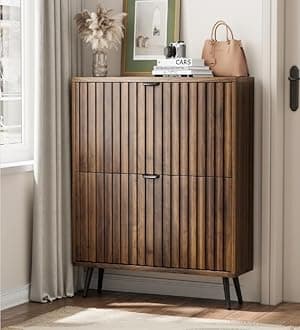 Shoe Storage Cabinet, Fluted Shoe Cabinet Storage for Entryway, Walnut Hidden Shoe Cabinet with Metal Legs,Shoe Organizer Cabinet with Flip Doors, Slim Entryway Shoe Storage Cabinet （31.5in）