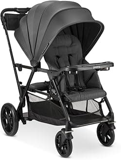 Caboose RS Sit & Stand Double Stroller for Children Up to 55 lb. with All-Terrain Wheels, UPF50+ Sun Canopy & Magnetic 5-Point Safety Harnesses, Jet