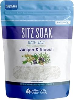 Sitz Bath Soak 32 Ounces Hemorrhoid Soak with Epsom Salt plus Geranium, Frankincense, Lavender, Niaouli Essential Oil and Vitamin C Crystals All Natural Hemorrhoid Relief in BPA Free Pouch