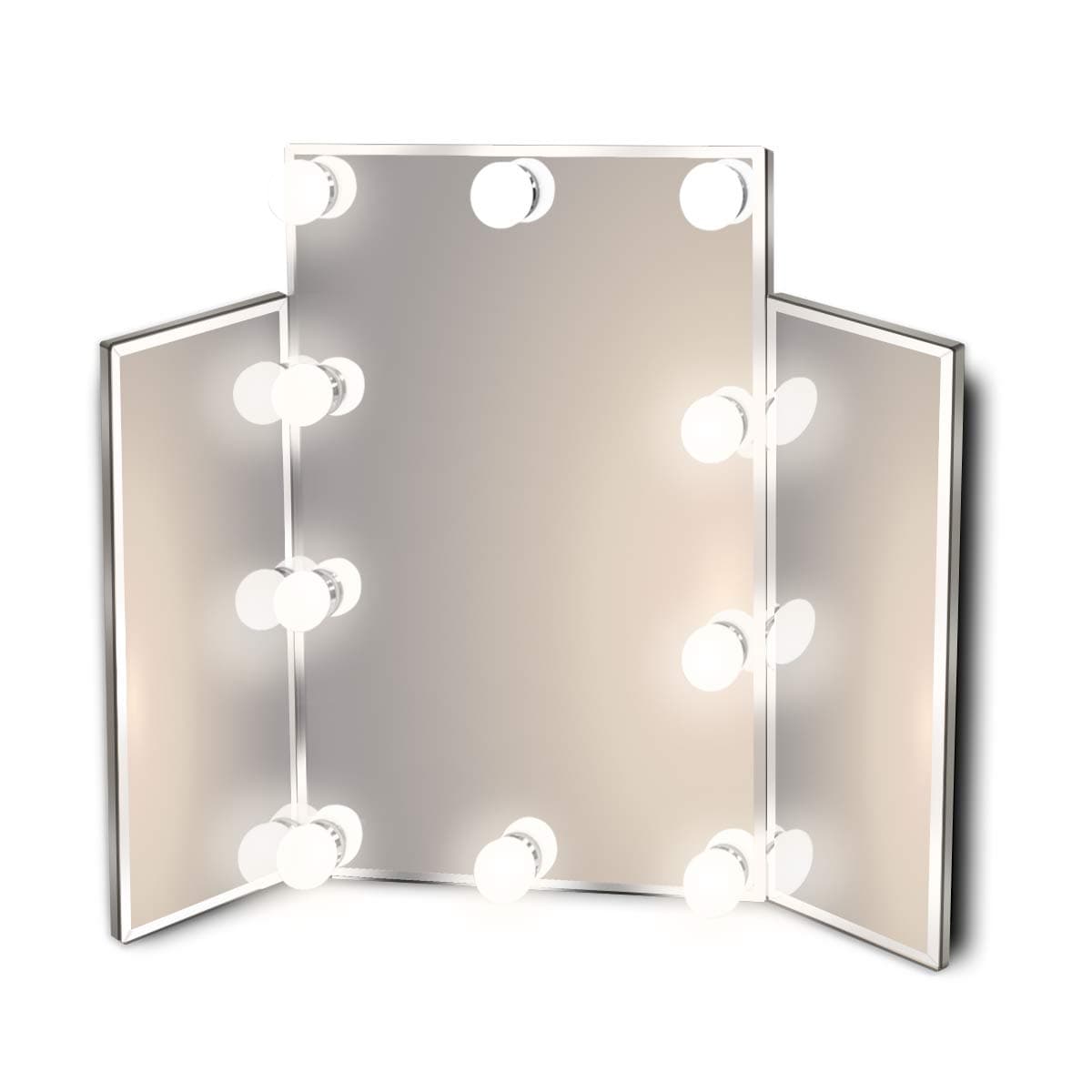 Hollywood Lighted Vanity Makeup Mirror with Bright LED Lights, Light-up Frameless Dressing Table 3-Way Cosmetic Mirror with 10 Dimmable Bulbs, Multiple Color Modes, Table-Top or Wall Mount, Tri-Fold
