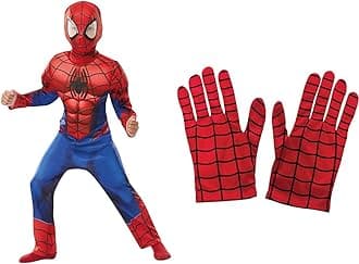 Rubie's Official Marvel Spider-Man, Deluxe Child Costume - Large Age 7-8, Height 128 cm & Official Kiid's Spiderman Gloves Costume - One Size, Red