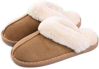 Womens Slipper Memory Foam Fluffy Slip-on House Faux Suede Fur Lined/Anti-Skid Sole, Indoor & Outdoor