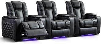 CANMOV Home Theater Seating Set of 3, Faux Leather Electric Power Recliner Chair with Ambient Lighting, Power Headrest, Lumbar Support, Cup Holders, Hidden Arm Storage, USB Ports, Black