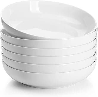 22oz Porcelain Pasta Bowls Set of 6-7.6 Inch White Salad Serving Plates, Microwave Dishwasher Safe Dinnerware