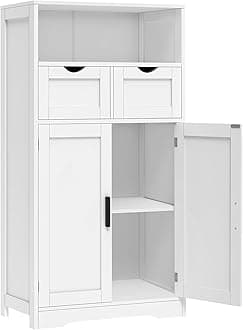 Iwell White Contemporary Freestanding Storage Cabinet, 23.6"W x 11.4"D x 42.5"H, 2 Doors, 2 Drawers, 3 Shelves, Living Room, Bathroom