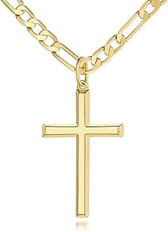 Verniflloga 14k Gold Cross Necklace for Men Large Gold Cross Pendant Figaro Chain for Mens Gold Chain 5mm Masculine Appeal 20, 22, 24 Inch