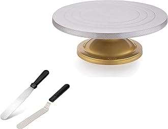 TEX-RO Cake Decorating Turntable/Serving Stand, Silver & Gold, 12 Inch Round, Plastic, 100% Plastic, Perfect for Birthdays, Weddings, Christmas, Easy to Clean